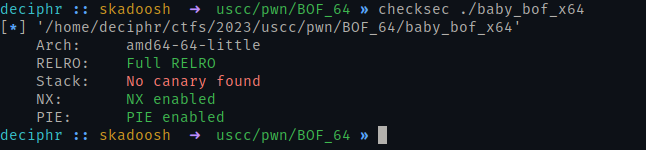 Output from checksec on baby_bof_64