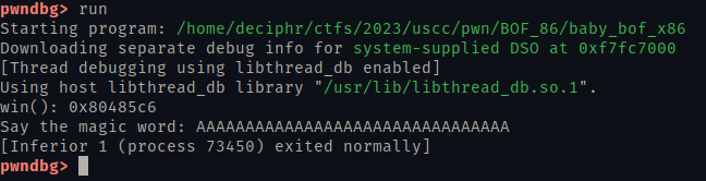 Output of the program within gdb and sending 32 A&rsquo;s